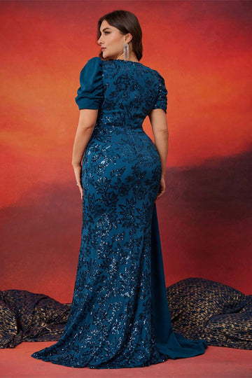 Robe longue mère de la mariée sirène bleu scintillant grande taille